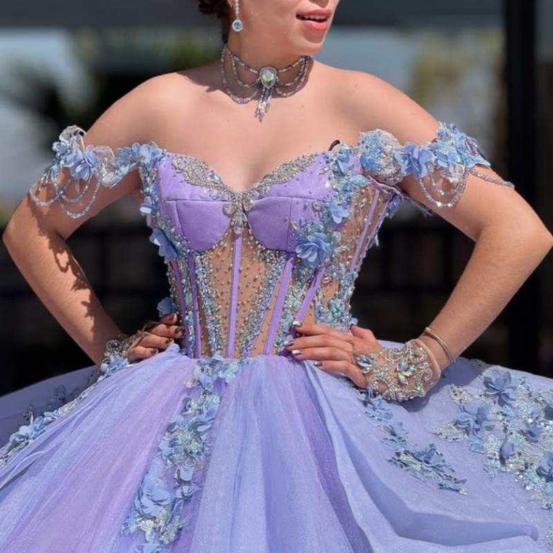 Lavender Sky Blue Princess Quinceanera Dresses Off Shoulder Applique Flower Beads Tull Corset Sweet 16 Dress Ball Gown Vestidos 15 De Anos