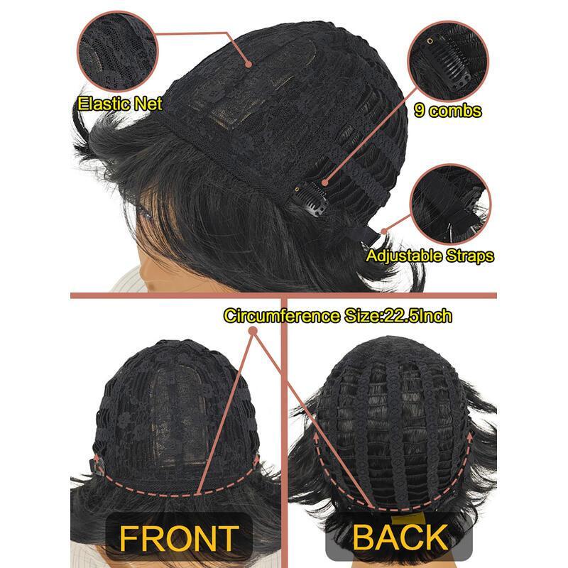 8 inch Straight Short Bob Hair Flat Bangs Cute Central Dot Skin Top Heat Resistant Synthetic Wigs (Natural Black)
