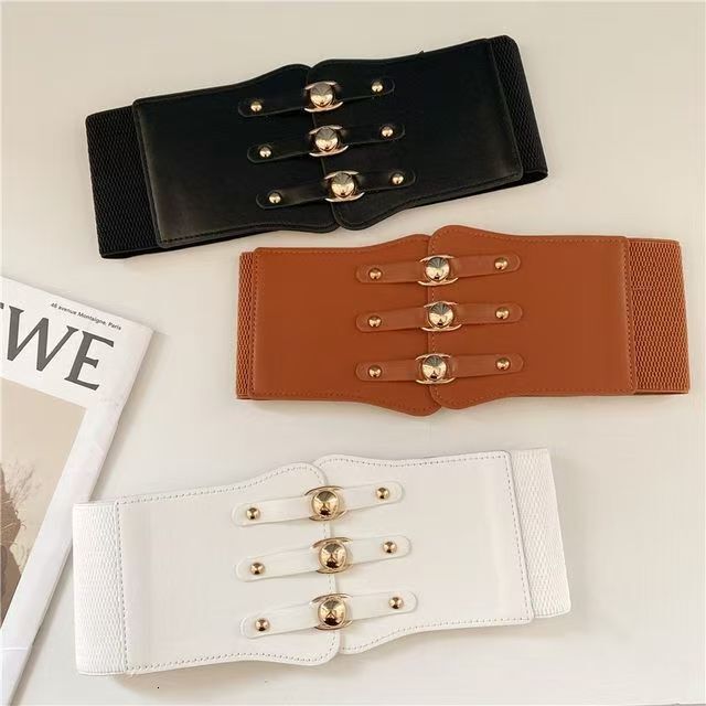 Belt Women's Decorative Dress Coat Waist with Elastic Versatile Metal Buckle Black