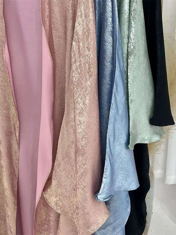 Ramadan Eid al Fitr Shining Batwing Satin Open Kimono Abaya Damen Dubai y Islamic Muslim Kaftan Womens Caftan Marocain 250411