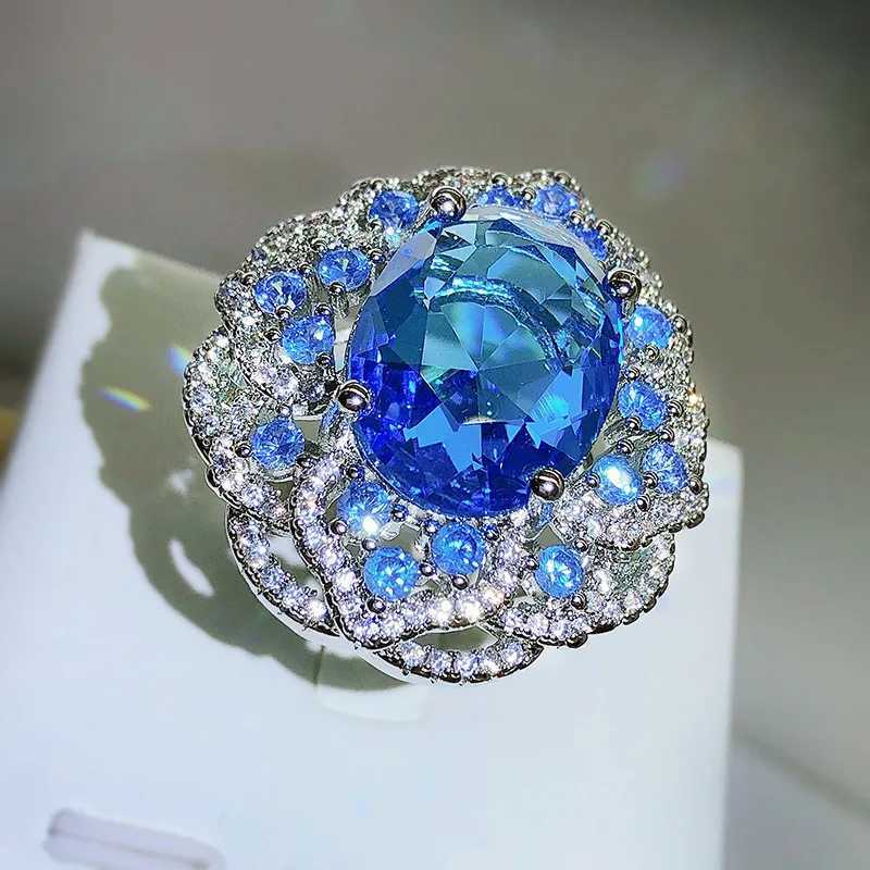 High quality sparkling blue zircon large flower wreath for women 925 silver fashionable wedding party recommended jewelry giftsXJ250412