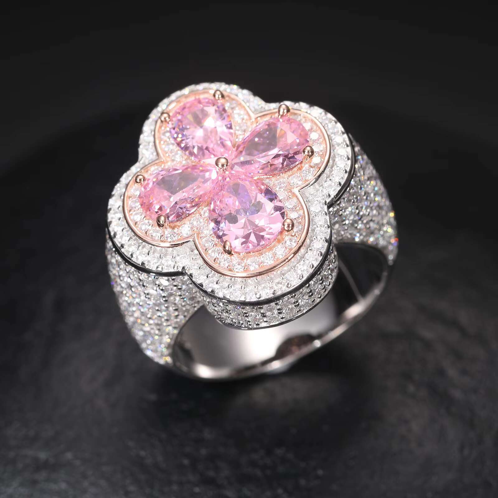 Exquisite Sterling Silver Four Leaf Moissanite Ring - Sparkling Gemstone Fine Jewelry