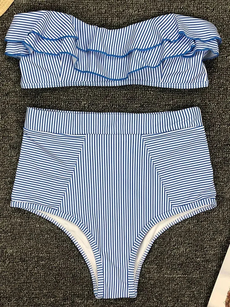 Striped top pleated high waisted bikini womens swimsuit two-piece bikini set Bandeau bikini swimsuit 250408