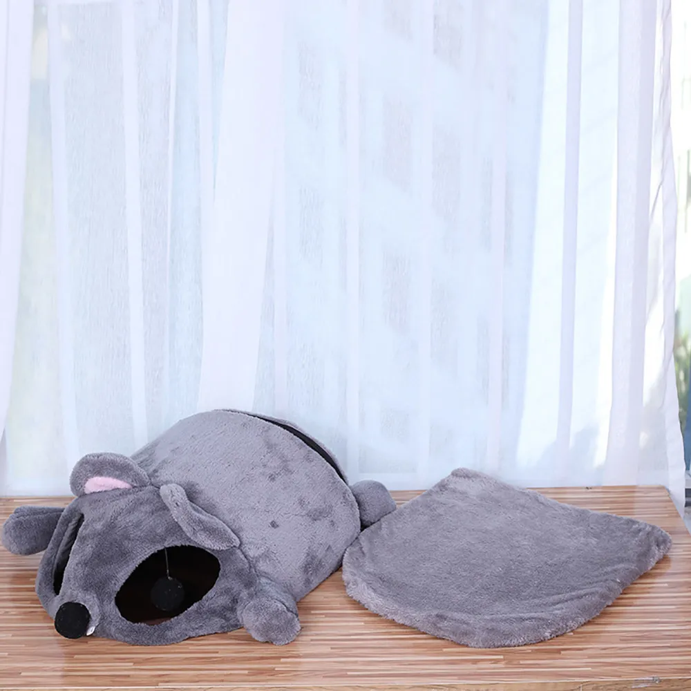 Cute Cat Soft Cave Bed Funny Mice Shape Kitten House With Two Playing Ball Toys Warm Nest Pet Cats Sleeping Mat