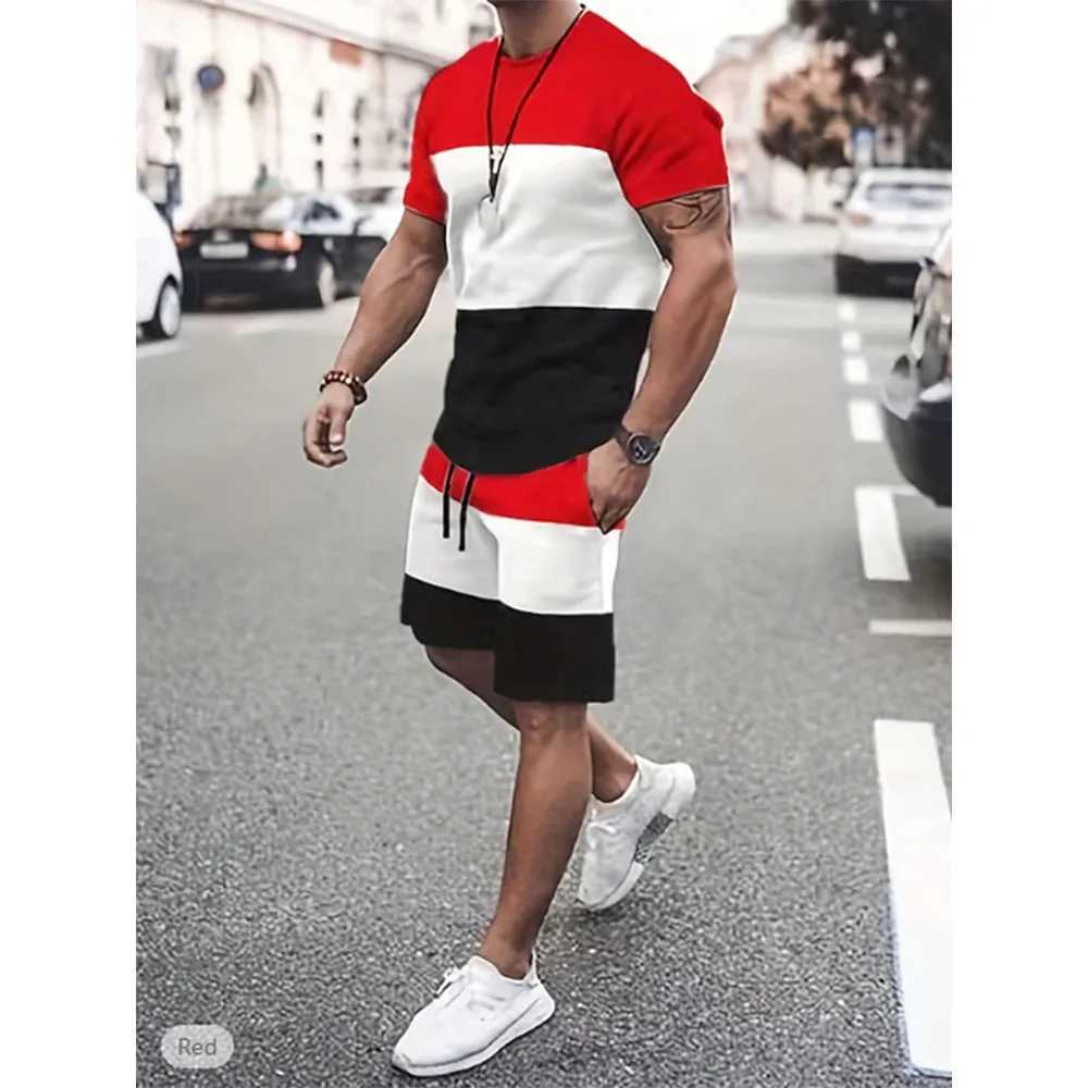 Mens T-shirt set track shorts and T-shirt set colored building blocks crew collar vacation short sleeves 2-piece clothing setXJ250412