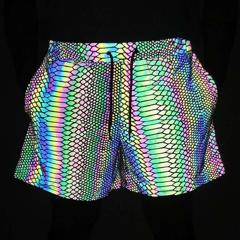 Summer Men 2025 Jogger Reflective Safety Trouser Snakeskin Print Drawstring Elastic Waist Cycg Gym Shorts With Pockets