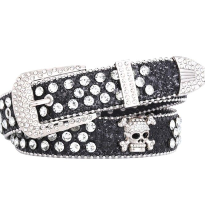 Button head three piece set rhie inlaid belt, versatile decoration for women, skull head, personalized with dia sequins