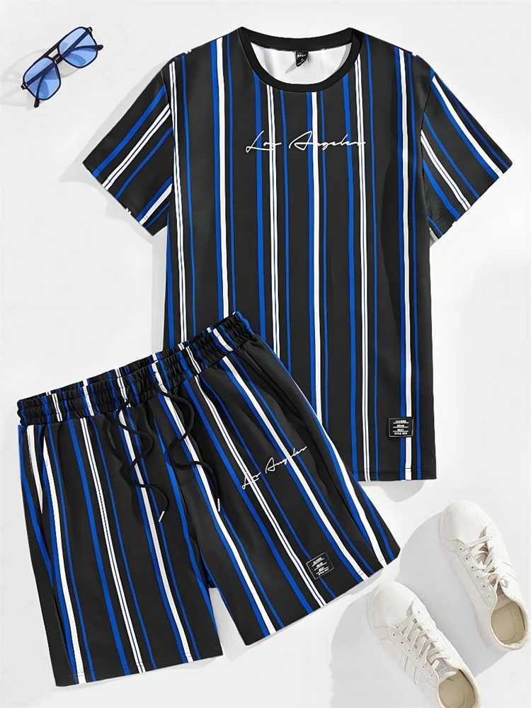 Summer 3D striped printed mens suit casual daily mens short sleeved T-shirt city street mens fashionable beach shortsXJ250412