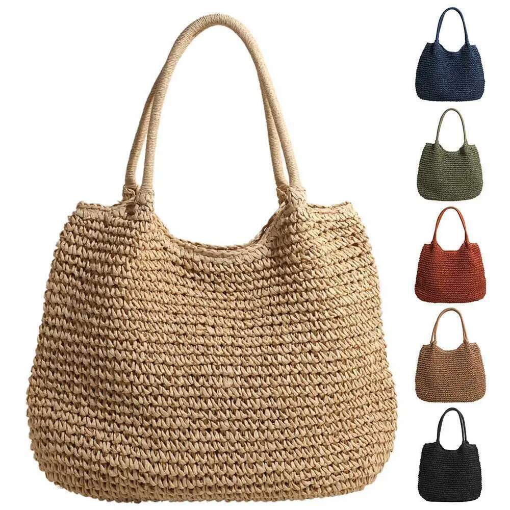 Women Straw Tote Large Capacity Vintage Shoulder Solid Color Crochet Beach Handbag Ladies Summer Daily Bag