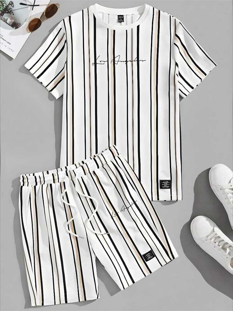 Summer 3D striped printed mens suit casual daily mens short sleeved T-shirt city street mens fashionable beach shortsXJ250412