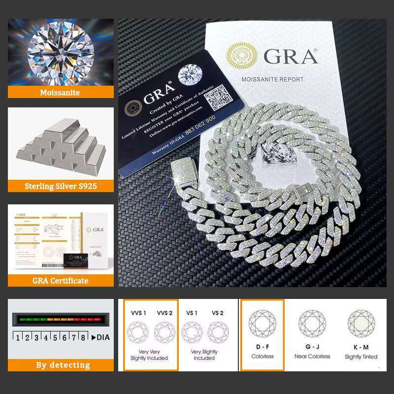 High Quality Cubana Hip Hop Jewelry 15mm 925 Sterling Silver VVS Moissanite Diamond Iced Out Cuban Link Chain Necklace for Men
