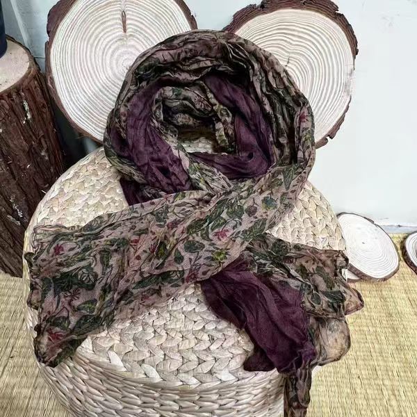 T463 cotton and linen small floral color matching scarf for women, warm and versatile, casual, ethnic style, long neck protection
