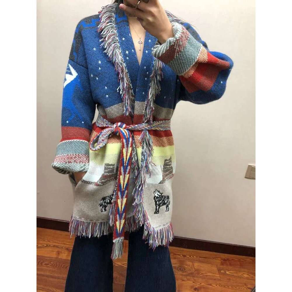 WQJGR High Quality Jacquard Cardigan Sweater Women Wool Cashmere Blue Kniited Tassel Loose Full Sleeve Fashion Autumn Winter