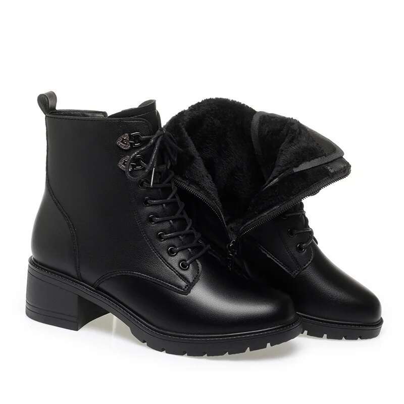 2025 New Women's British Short Cotton Trendy Flat Warm Thick Heel Wool Designer Fashion Leather Boots