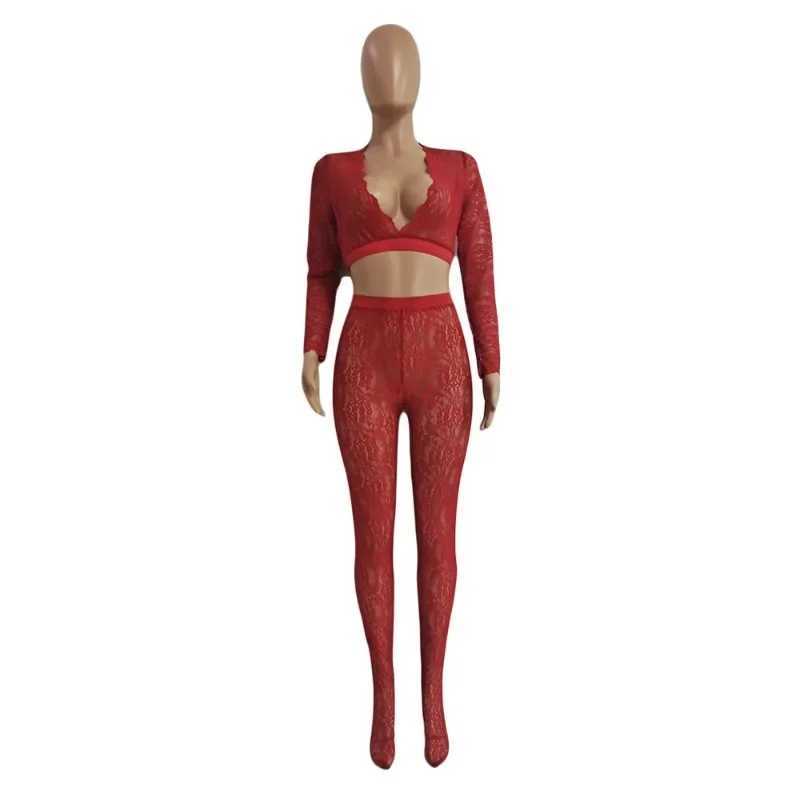 Womens sexy transparent lace 2-piece set V-neck long sleeved crop top elastic waist long leg club outfit wholesaleXJ250411