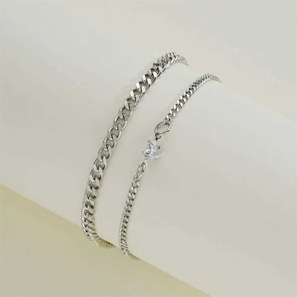 2PCS Simple Fashion Stainless Steel Bracelet Set for Couple Unisex Women Men Lover Crystal Heart Silvery Chain Bracelets JewelryC250411