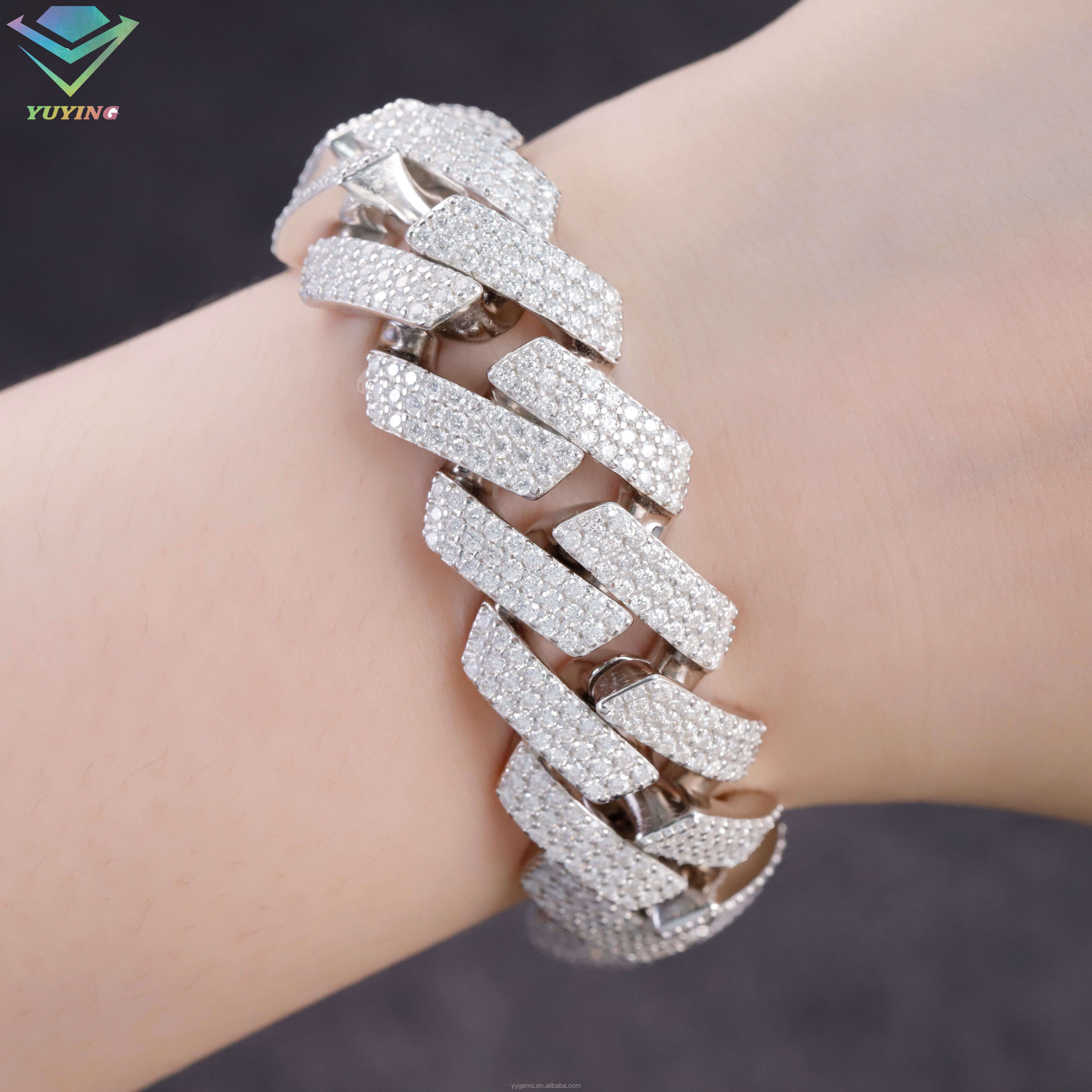 Yu Ying Jewelry Men 20mm Wide 3 Rows Cuban Chain Set Iced Out Hiphop White Gold Plated 925 Silver Moissanite Cuban Link Chain