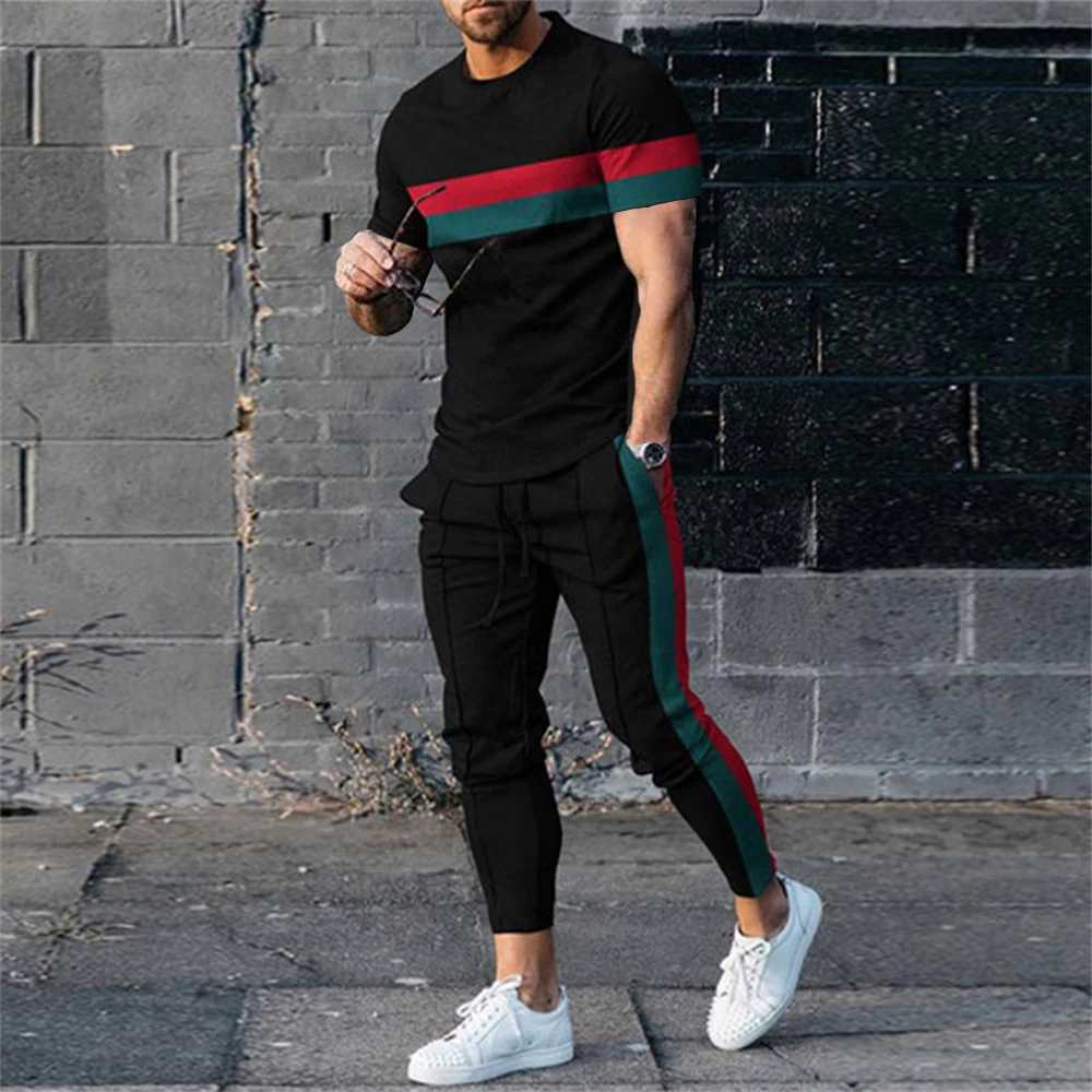 Mens T-shirt track set 2-piece short sleeved sportswear set fashionable mens clothing mens casual O-neck top pants setXJ250412