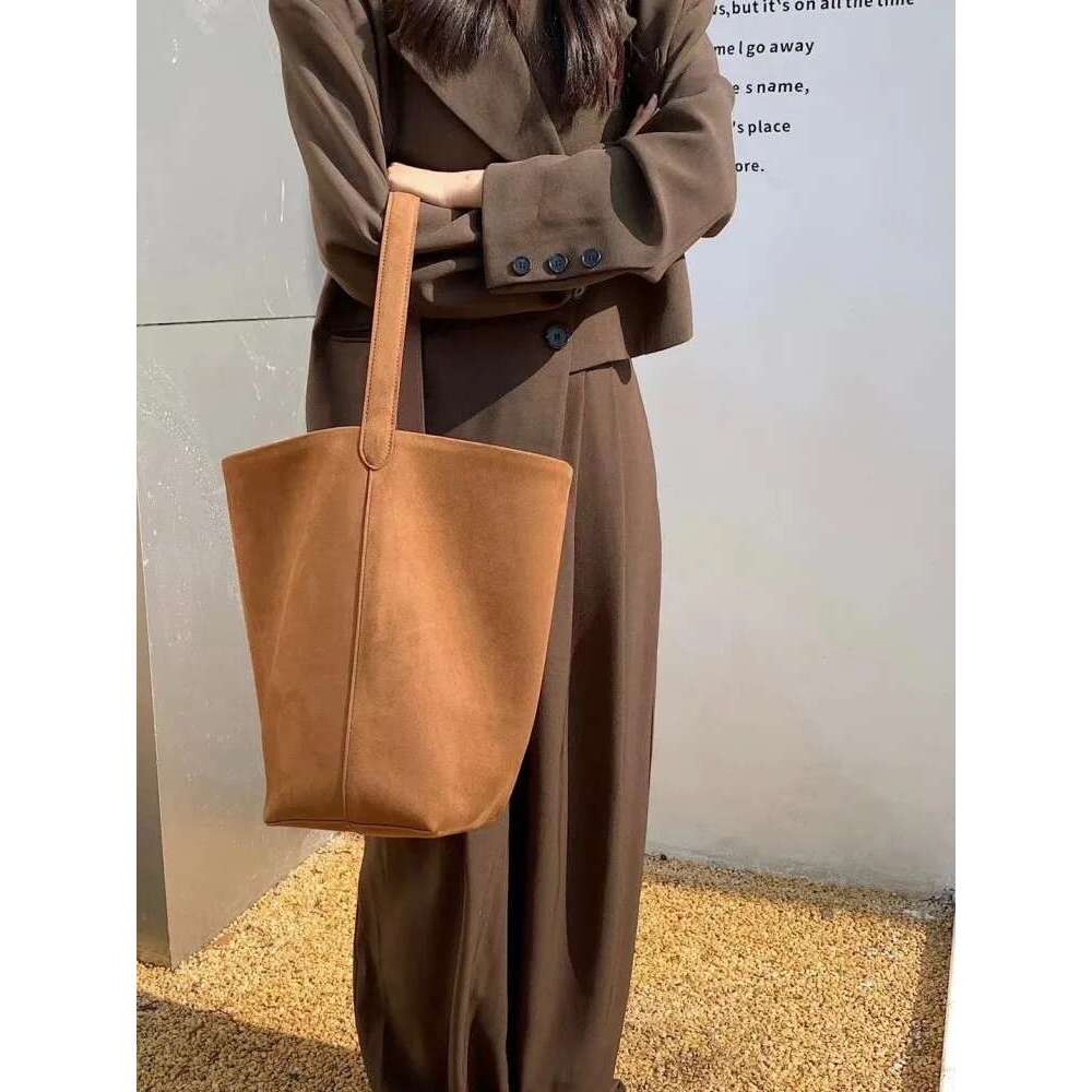 Casual Versatile Women Solid Color Suede Genuine Leather Single Shoulder Bag Large Capacity Totes Handbag Ladies Bucket Bags