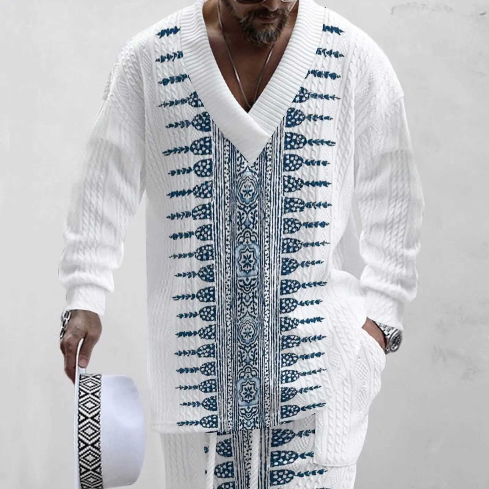 Mens retro technology printed traditional fabric loose V-neck casual long sleeved mens dressXJ250412