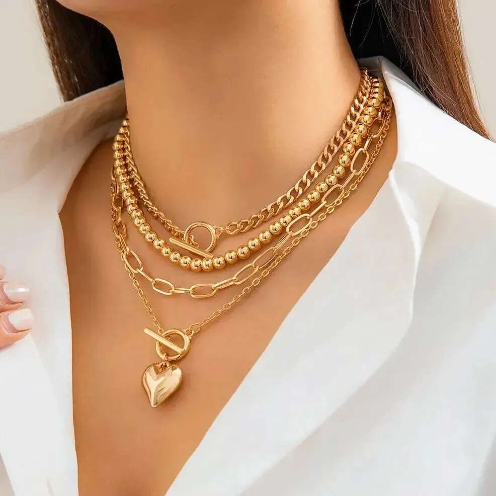 Punk Gold Color Heart Pendant Necklace for Women 2024 Trendy OT Buckle Beaded Neck Chain Choker Y2K Jewelry Accessories