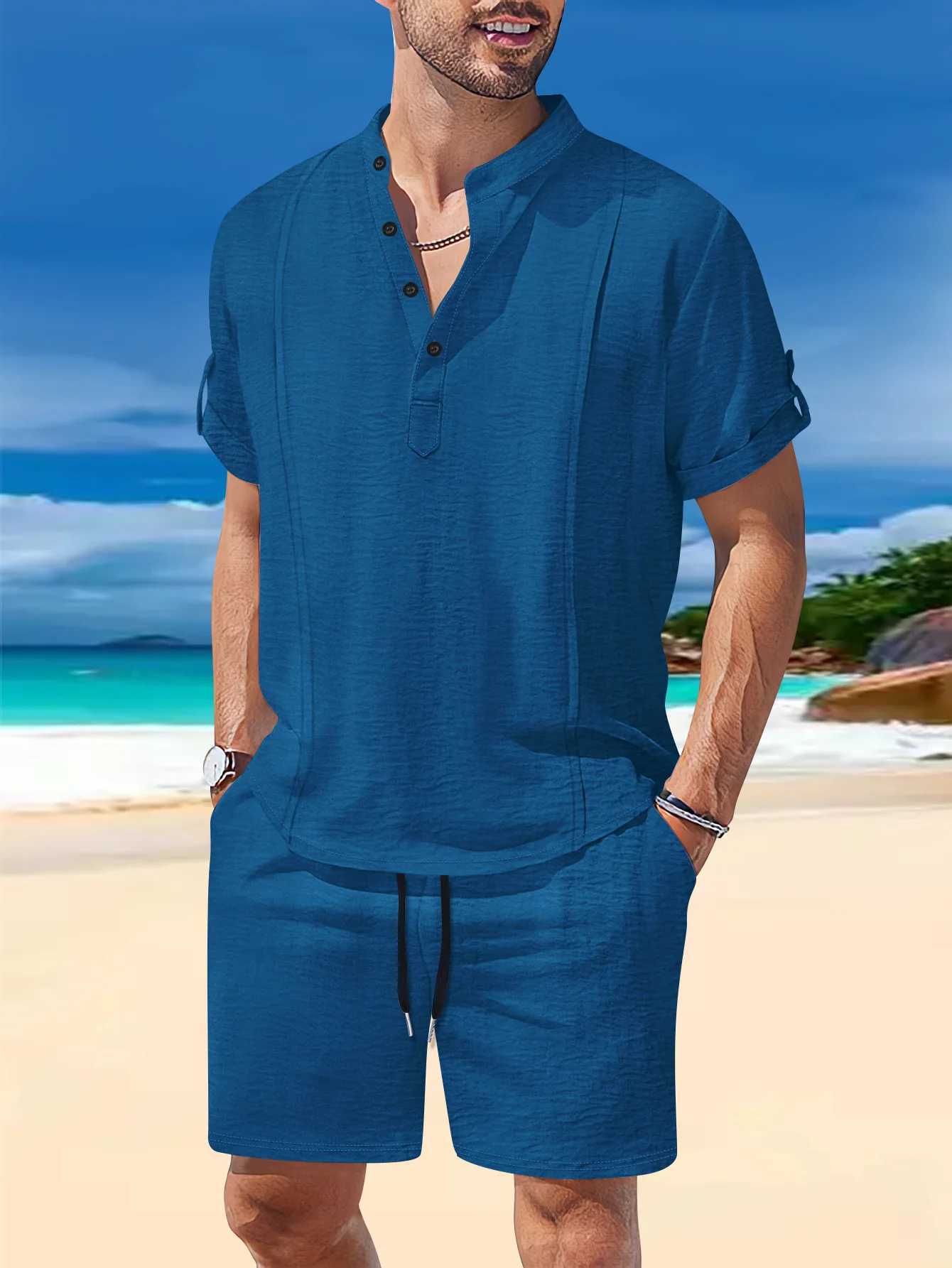 2025 Summer Mens Solid Color Henry Neck Short Sleeve Daily Leisure Outdoor Beach Style Brushed Shorts Two Piece SetXJ250412