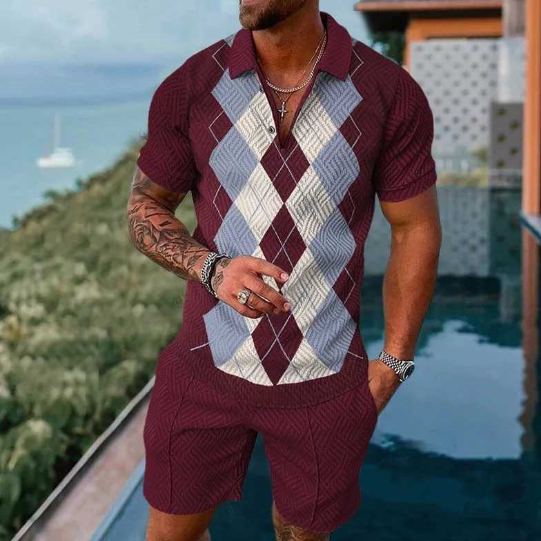 Summer new mens sportswear 3D printed short sleeved zipper polo shirt 2-piece set for mens oversized streetwearXJ250412