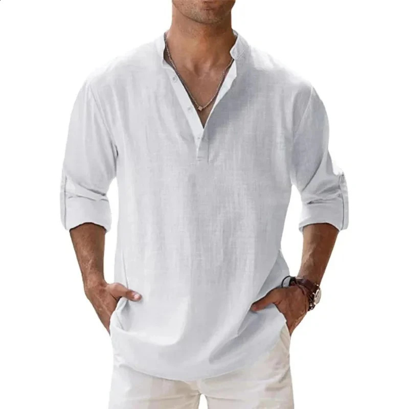 Streetwear Men Lightweight Shirts Long Sleeve Henley Cotton Linen Shirts for Men Beach Hawaiian Shirts Breathable Collar Tshirts 250411