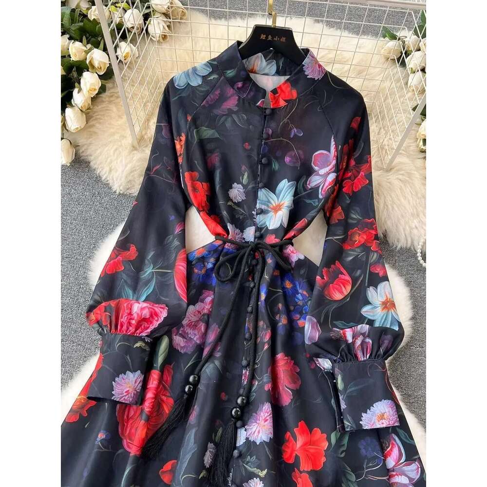 Autumn Bohemian wer Robe Dress Women's en Clothing Stand Collar Long Lantern Sleeve Lace Up Buttons Print Maxi Vestidos