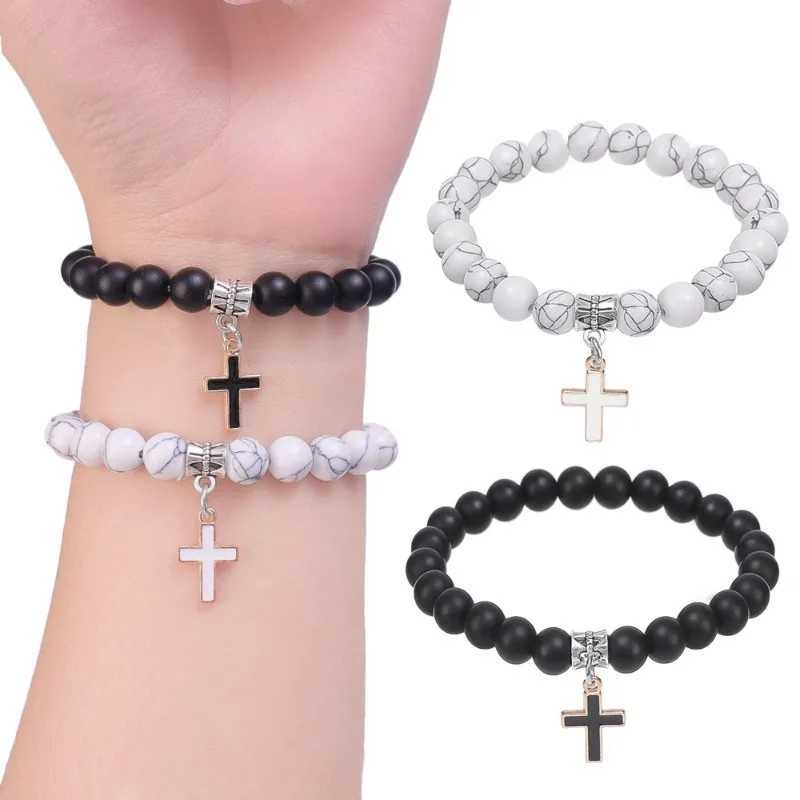 Couple Charm Natural Stone Bracelet Cross Black Lava Matte Beaded Bracelets Handmade Men Women Prayer Fitness Chain Jewelry GiftC250411