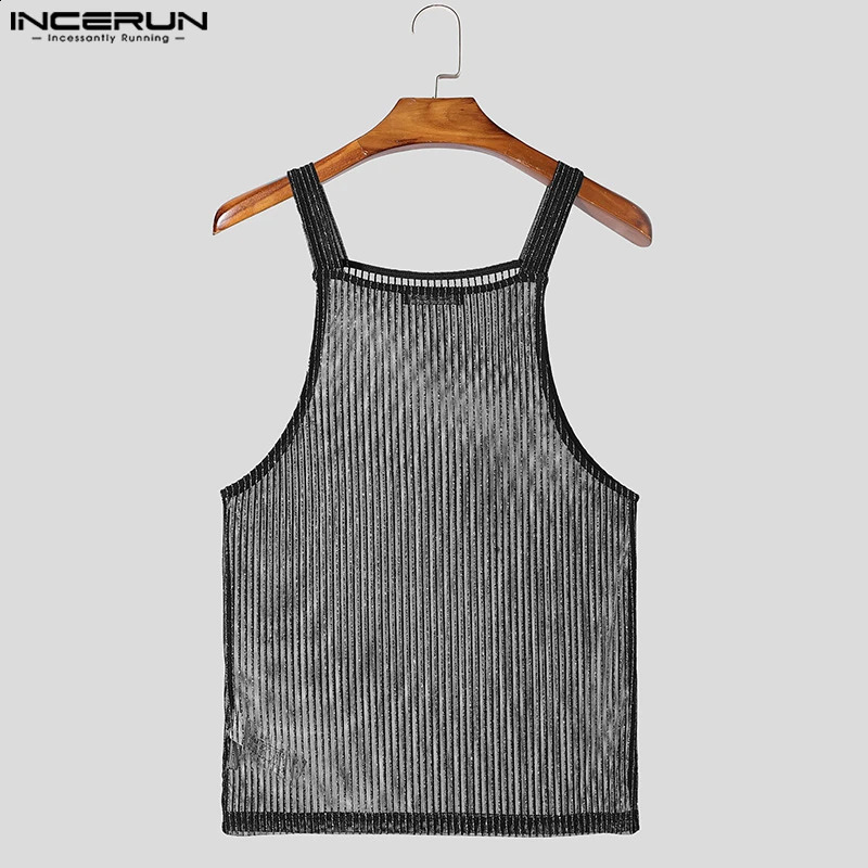 INCERUN Tops 2025 American Style Fashion Men Sparkling Fabric Stripe Perspective Mesh Vests Casual Clubwear Male Thin Tank Tops 250407