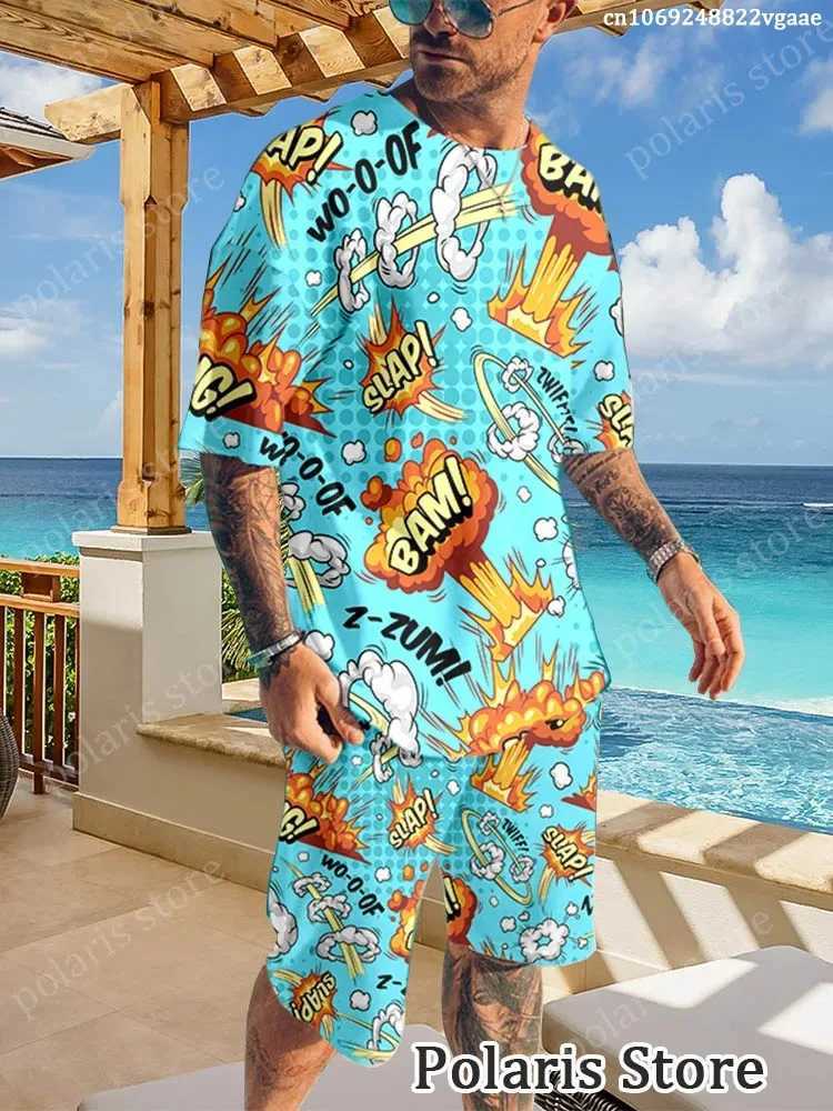 Summer Graffiti Sportswear Mens Fun T-shirt Set Manga Illustrations Loose Clothing Hip Hop Sportswear Two Piece Set Uniform LigXJ250412