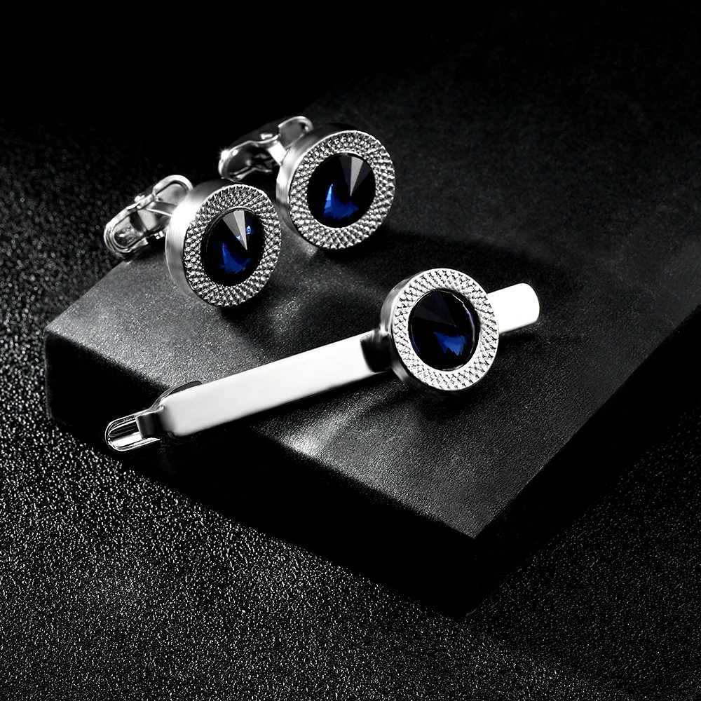 Texture Mens Blue Crystal Dustproof Round Cufflinks and Tie Clip Set Unique Whale Back Buckle Free ShippingT250412