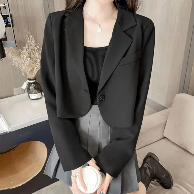 Korean Cropped Blazer Jacket Womens 2025 Spring Single Button Set Coats Chic Long Sleeve Notched Collar Coat 250407