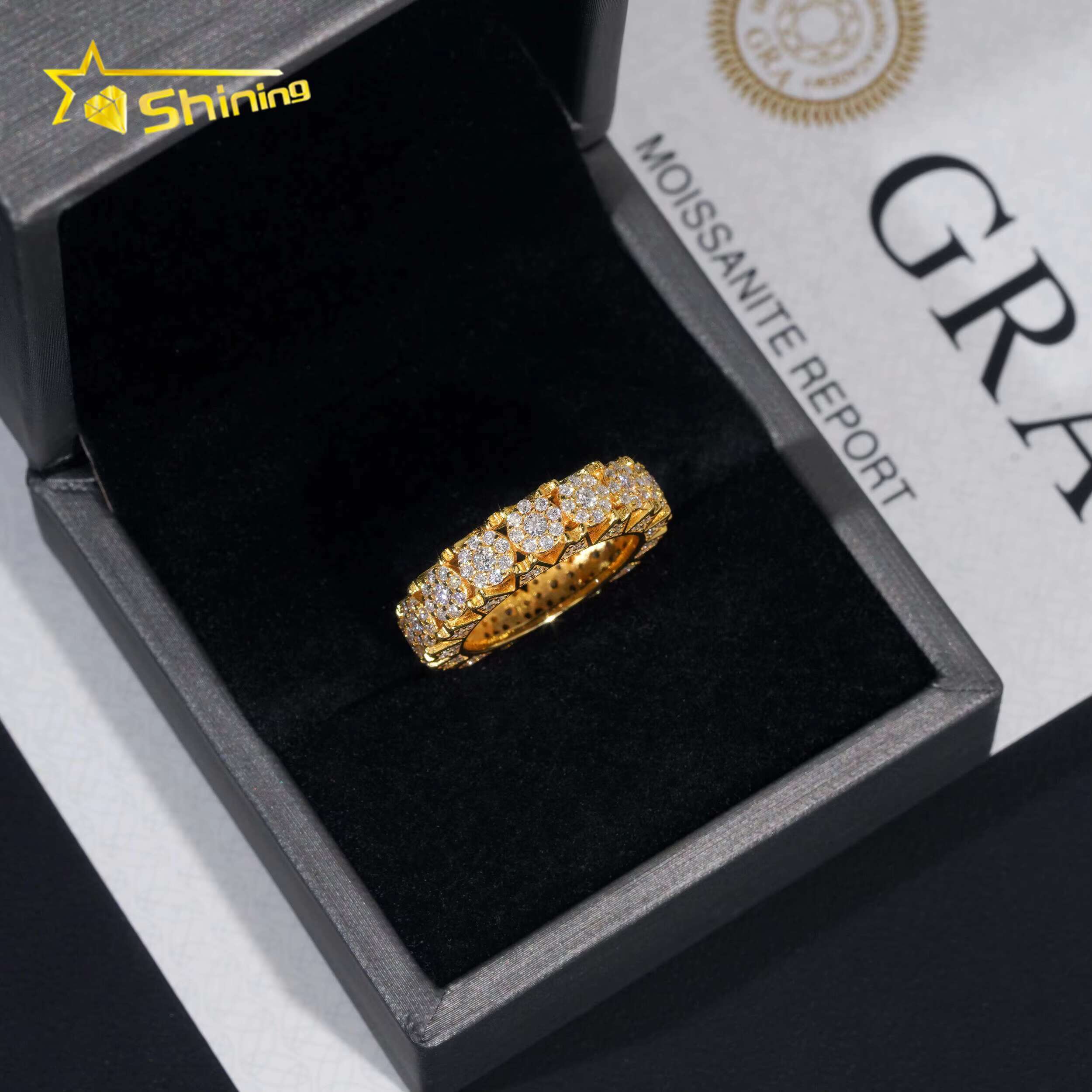 New Design Flower Setting 925 Sterling Silver Gold Plated Iced Out Moissnaite Pass Diamond Tester Hip Hop Mens Rings