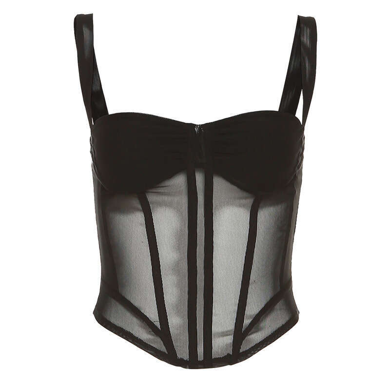 Women's Wear Feng Spring Women's New Fashion Strap Mesh Perspective Fishbone Slim Fit Sexy Small Tank Top
