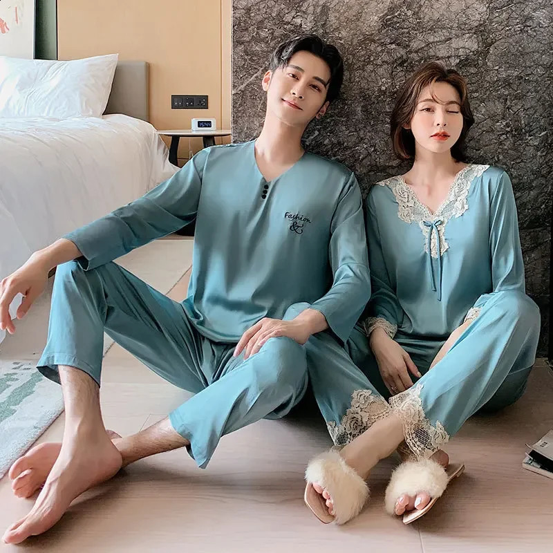 High Quality Pajamas Set Men Women Fall Summer Ice Silk Couple Sleepwear Male Female Large Size Silk Loungewear Suit 250411