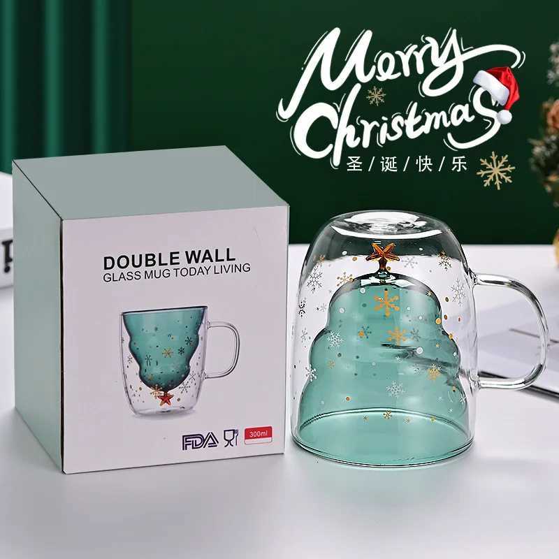 Christmas 300ml Christmas Theme Pink Green Blue Grey Double Wall Glass Cup with Silicone Lid Snow Man Christmas Tree Santa Decor 1 Piece Y251112
