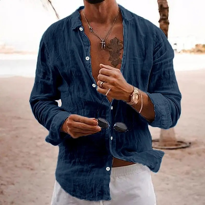 Mens Summer Shirt Casual Lightweight Solid Color Loose Single Breasted Lapel Cotton Linen Long Sleeve Shirt Vacation Beach Tops 250411