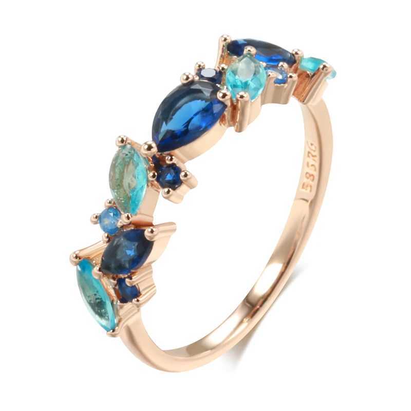 Kinel 585 Rose Gold Womens Ring Luxury Blue Natural Zircon Ethnic Wedding Jewelry Daily Party AccessoriesXJ250412