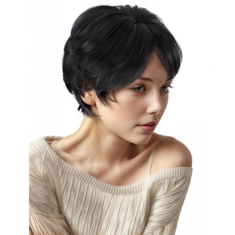 8 inch Straight Short Bob Hair Flat Bangs Cute Central Dot Skin Top Heat Resistant Synthetic Wigs (Natural Black)