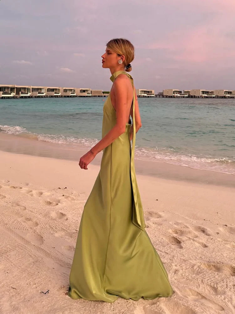 Elegant Green Satin Sleeveless Maxi Dress Chic Stand Neck Lace Up Backless Dresses Female Summer Vacation Beach Vestido 2025 250409