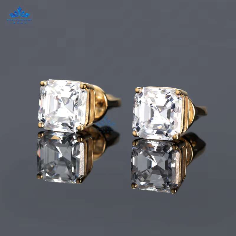 GRA Certified Moissanite Diamond Asscher Cut Stud Earring for Women 925 Sterling Silver 18K Gold Trendy Hip Hop Jewelry