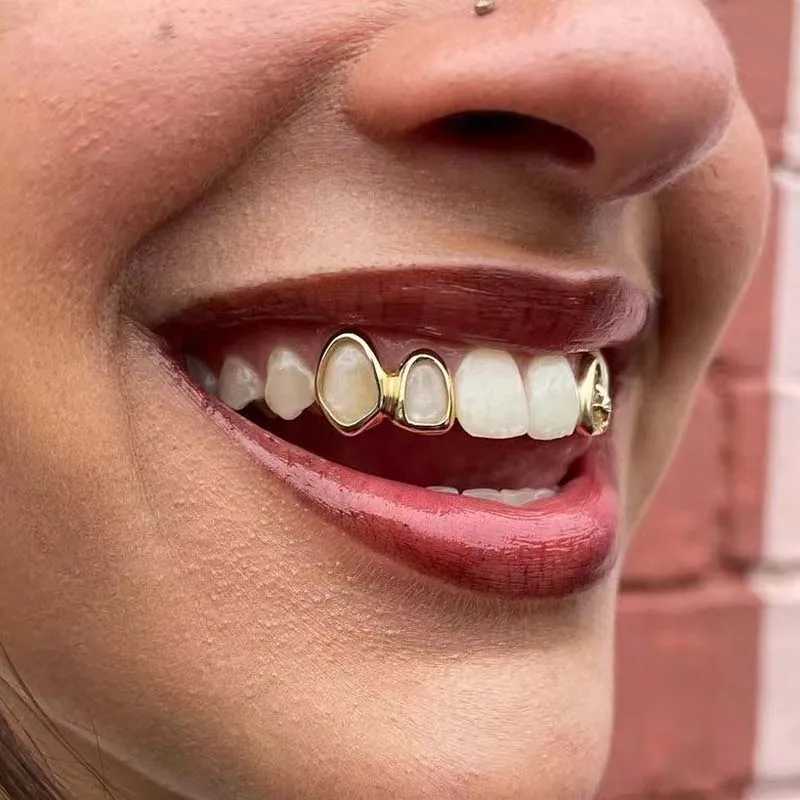 Stainless steel double hollow tooth cap suitable for women punk hip-hop gold geometric smoothness star shaped teeth Grilz couple jewelry W250412