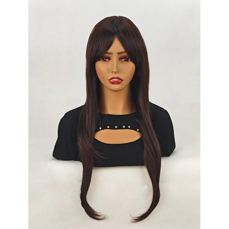 ENTRANCED STYLES en brown Women Long Straight with Bangs Black Hair Wigs Heat Resistant Synthetic Womens Wig for Daily Party Use 24 Inch