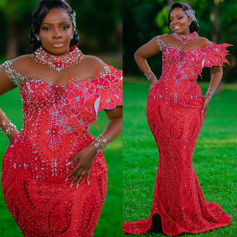 2025 Plus Size Red Prom Dress Mermaid Prom Dresses Evening Formal Gowns For Special Occasions High Neck Beaded Lace Birthday Second Reception Gowns AM