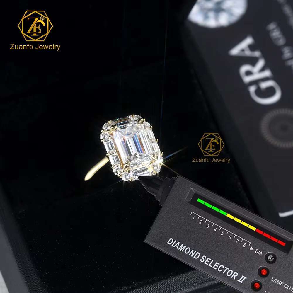 D FL Color Moissanite Emerald Shape 3.5CT 7x10mm Diamond 14K Yellow Gold Wedding Ring for Lady
