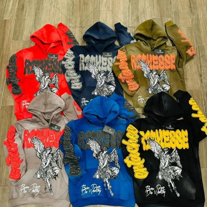 Retro rock punk style oversized sweatshirt American Harajuku color letter printed graphic hoodie mens casual hip-hop streetwear 250411