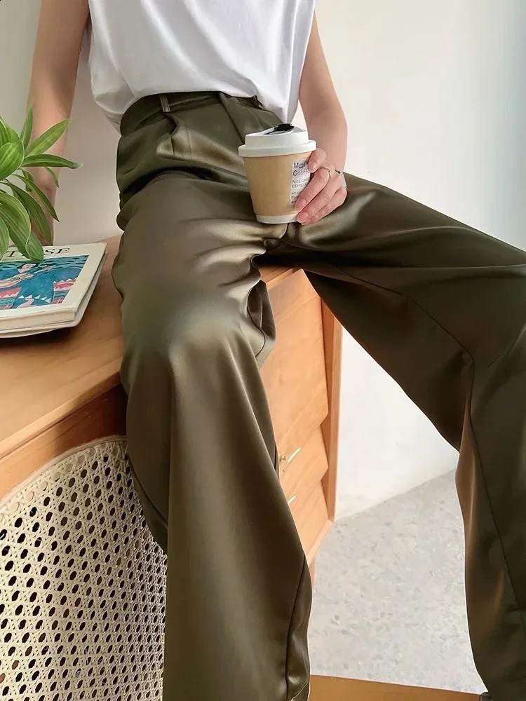 Satin wide leg womens high waisted summer silk suit straight pants elegant casual womens pants 250408