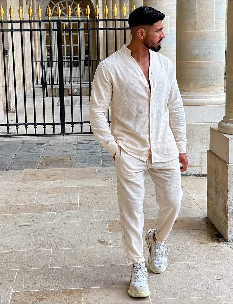 European and American mens new casual suit mens 100% pure cotton monochrome autumn fashion loose long sleeved shirtXJ250412